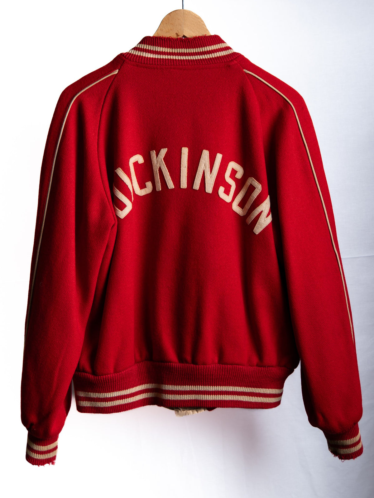 Red Varsity Jacket with Cream Trim — garment photograph 3