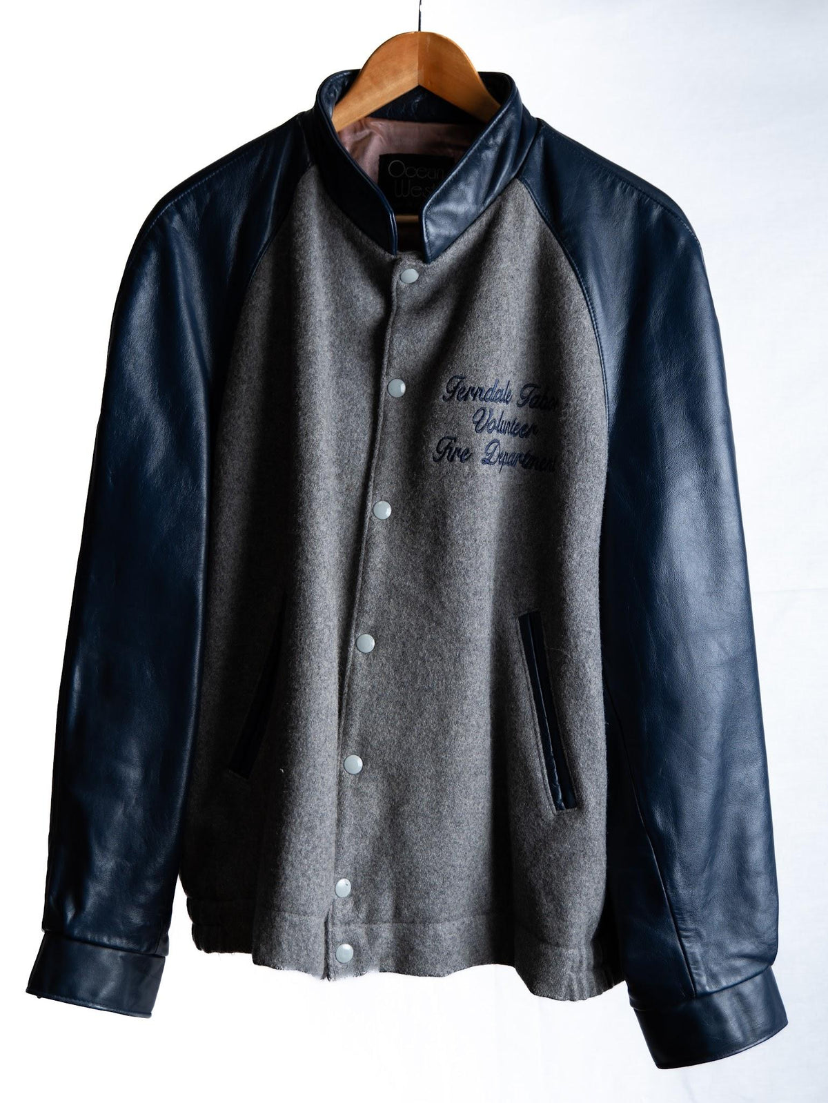 Grey & Black Embroidered Varsity Jacket — garment photograph 1