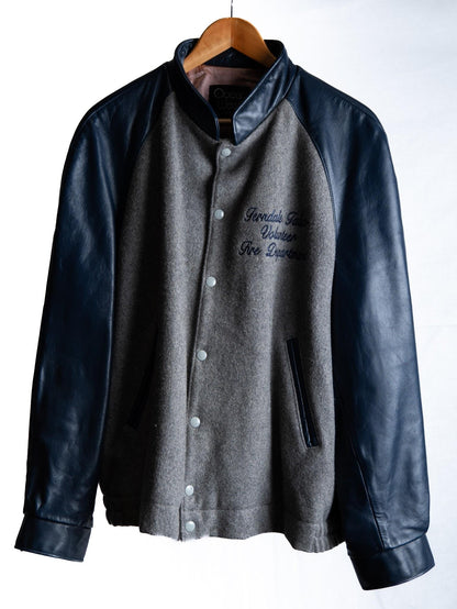 Grey & Black Embroidered Varsity Jacket — garment photograph 1