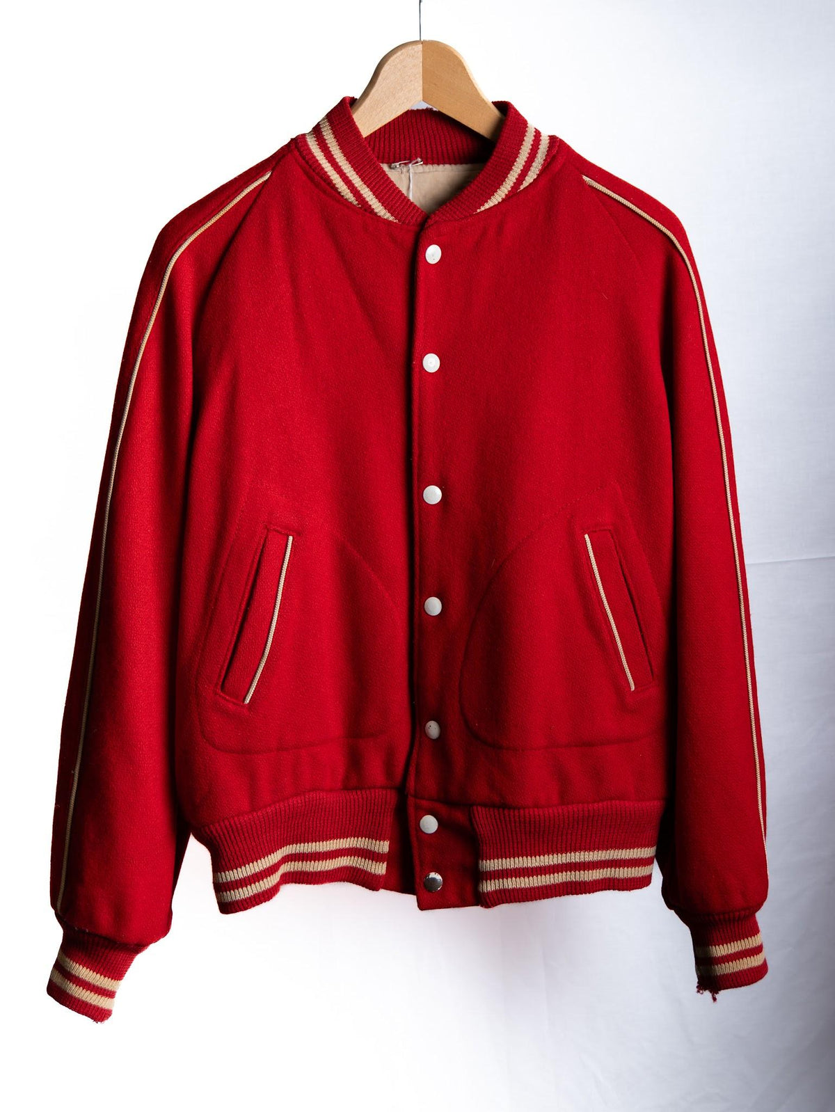 Red Varsity Jacket with Cream Trim — garment photograph 1