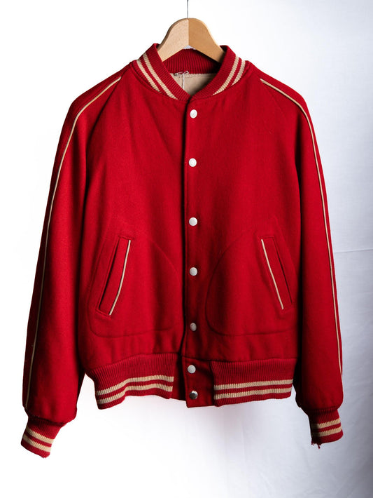 Red Varsity Jacket with Cream Trim — garment photograph 1