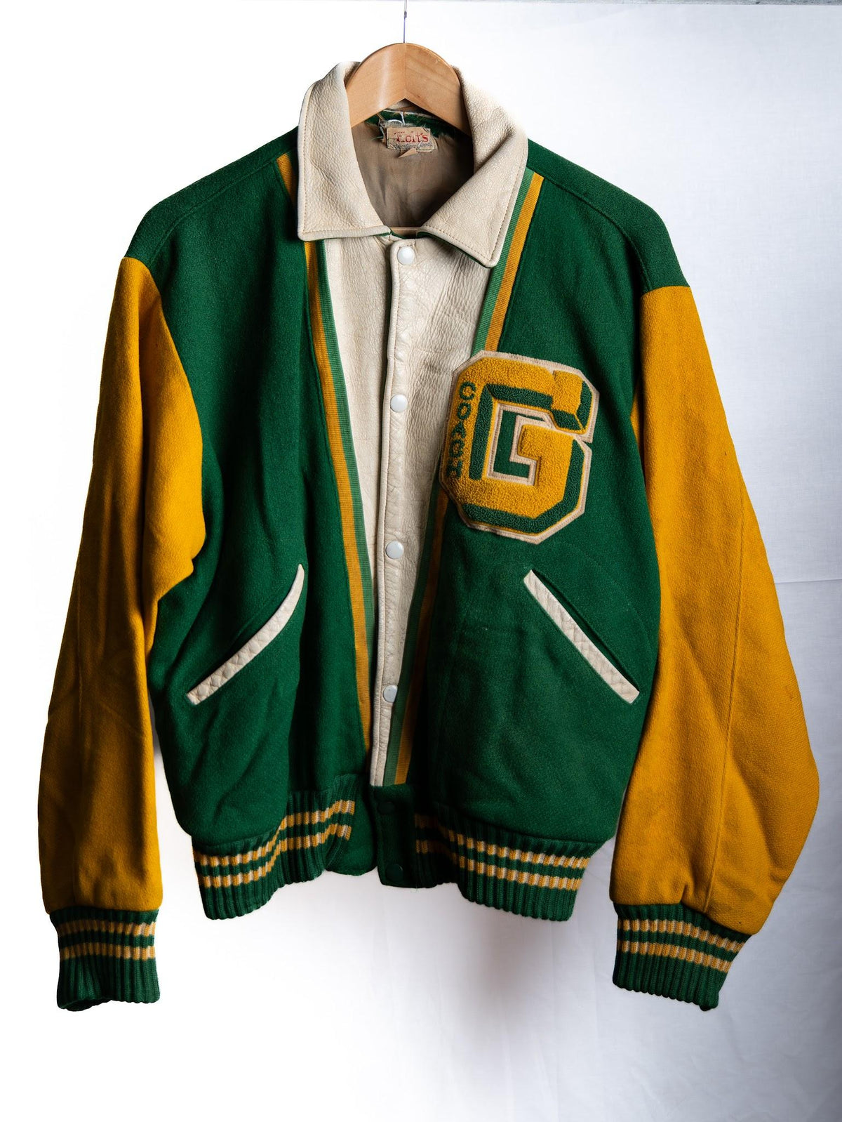 Green & Gold G Patch Varsity Jacket — garment photograph 1