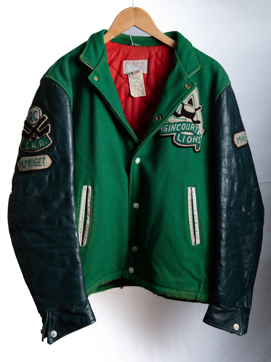 Green Patched Varsity Jacket with Dark Sleeves — garment photograph 1