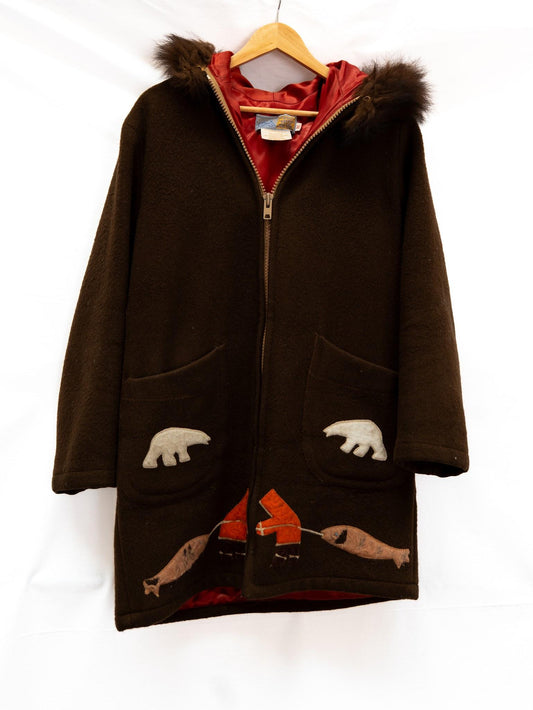 Brown Polar Bear Motif Hooded Coat — garment photograph 1