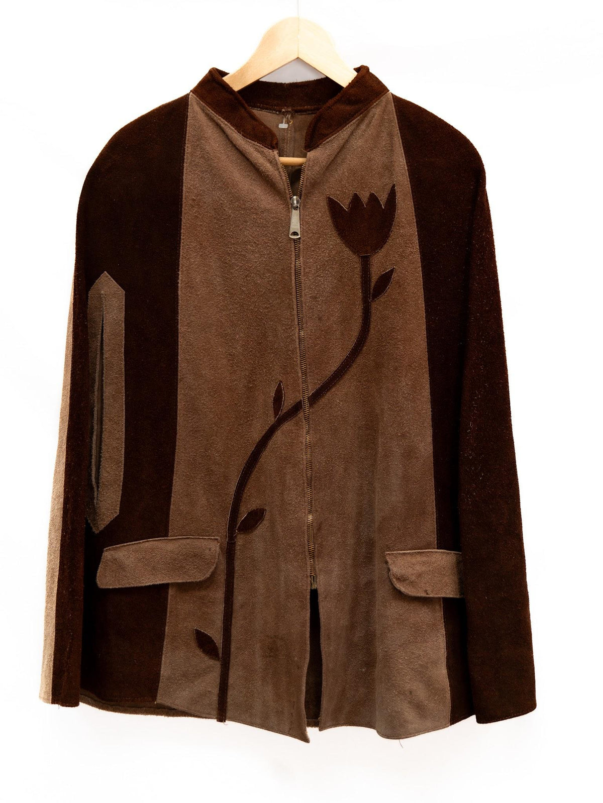 Brown Flower Appliqué Zip Jacket — garment photograph 1