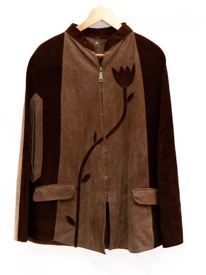 Brown Flower Appliqué Zip Jacket — garment photograph 1