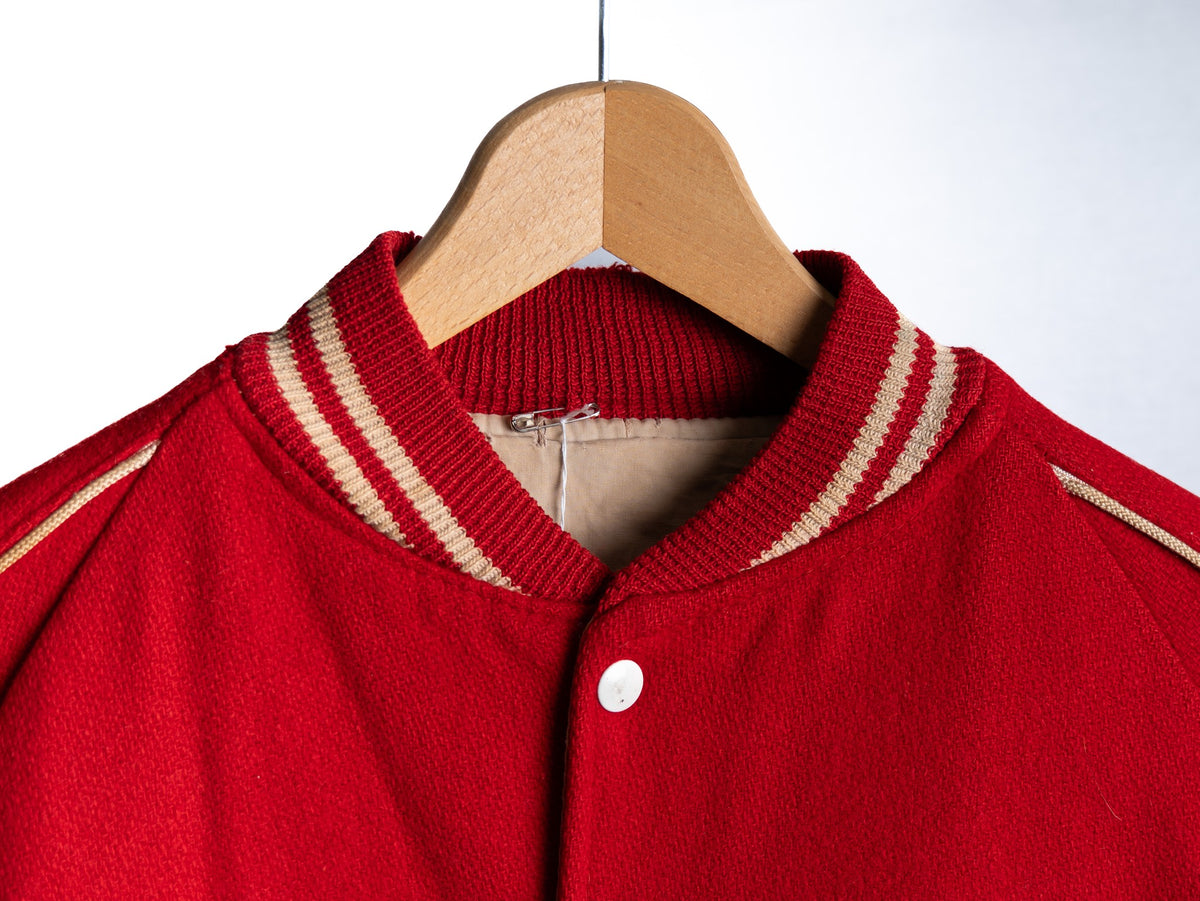 Red Varsity Jacket with Cream Trim — garment photograph 2