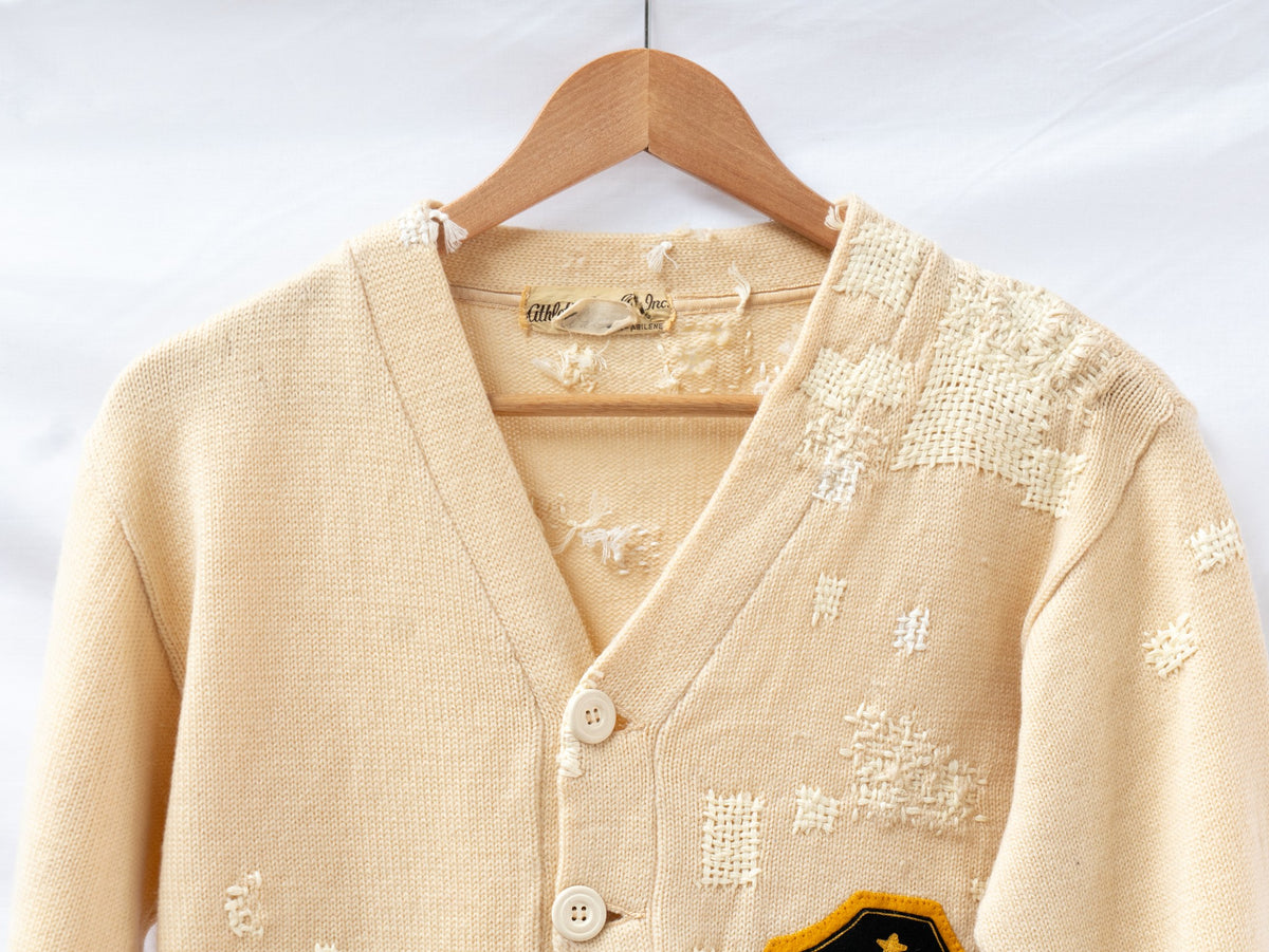 Cream Distressed Letterman Cardigan — garment photograph 2
