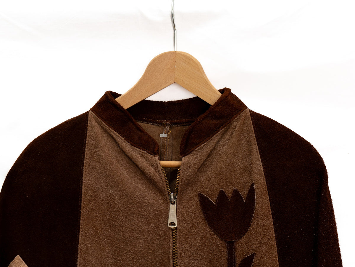 Brown Flower Appliqué Zip Jacket — garment photograph 2
